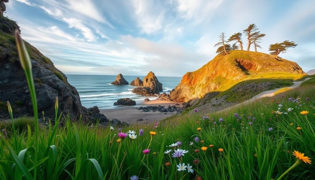 A serene spring scene along the rugged Oregon coast. In the foreground, lush green grasses and vibrant wildflowers sway gently in a soft breeze. The middle ground reveals a picturesque cove with smooth, wave-carved rocks and a secluded sandy beach. In the distance, towering cliffs in shades of ochre and gray stand guard over the scene, their tops adorned with gnarled, wind-swept trees. Soft, diffused sunlight filters through wispy clouds, casting a warm, ethereal glow over the entire landscape. The air is crisp and fresh, with the faint scent of the nearby ocean. This tranquil, photogenic setting captures the essence of springtime on the magnificent Oregon coast.
