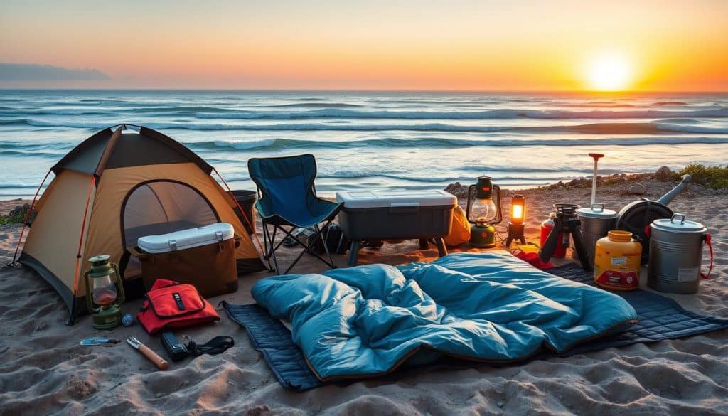 A sprawling collection of essential beach camping gear arranged against a picturesque coastal backdrop. In the foreground, an assortment of high-quality camping equipment - a sturdy dome tent, a compact folding chair, a durable cooler, and a cozy sleeping bag unfurled on a plush camping mat. The middle ground features a hand-cranked lantern, a portable camp stove, and an array of cookware. In the distance, a serene ocean vista with rolling waves and a hazy horizon, illuminated by the warm glow of a setting sun. The overall scene exudes a sense of adventure, preparedness, and the promise of a rejuvenating coastal getaway.