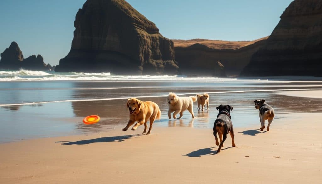 A sun-dappled afternoon on the iconic Cannon Beach, where dogs frolic in the gentle waves and weave through the iconic Haystack Rock formations. In the foreground, a golden retriever sprints along the soft, sandy shore, chasing after a brightly colored Frisbee. In the middle ground, a group of playful pups - a shaggy sheepdog, a pug, and a Boston terrier - explore the tide pools, their curiosity piqued by the abundant marine life. The background frames the breathtaking vista, with the majestic, rugged cliffs of Cannon Beach rising up in the distance, their layers of sedimentary rock painted in warm hues by the golden hour light. A tranquil, joyful scene that captures the essence of this dog-friendly coastal paradise.