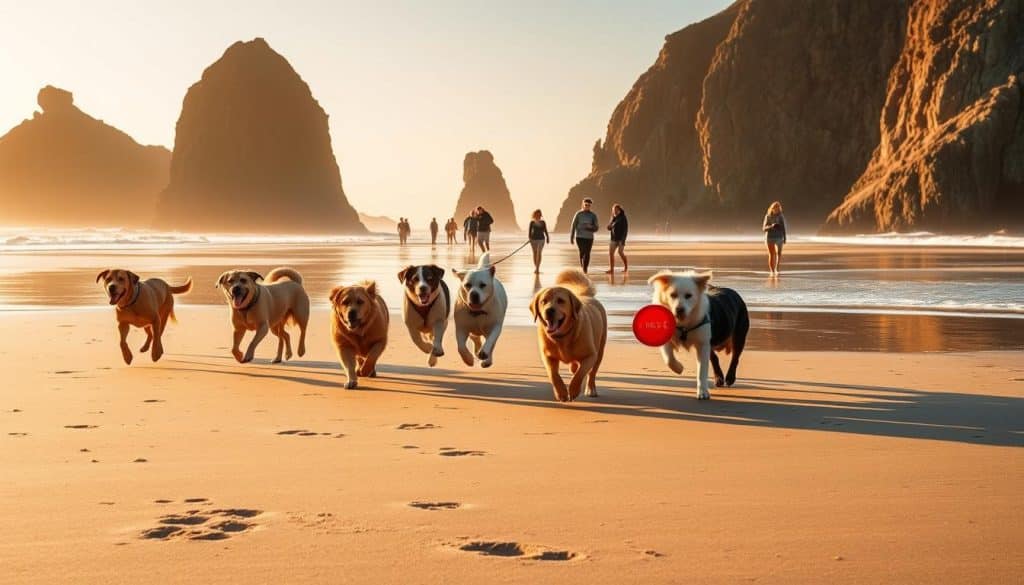 A sun-drenched beach on the Oregon coast, with waves gently lapping the golden sand. In the foreground, a pack of joyful dogs - golden retrievers, labradors, and fluffy mutts - frolicking and chasing after a bright red frisbee. Their wet paws leave playful prints in the sand. In the middle ground, silhouettes of people strolling along the shore, laughing and enjoying the tranquil atmosphere. The background features towering basalt cliffs, their rugged faces softened by the warm, golden light of the setting sun. A serene, idyllic scene that captures the carefree spirit of a dog-friendly beach on the Pacific Northwest coast.