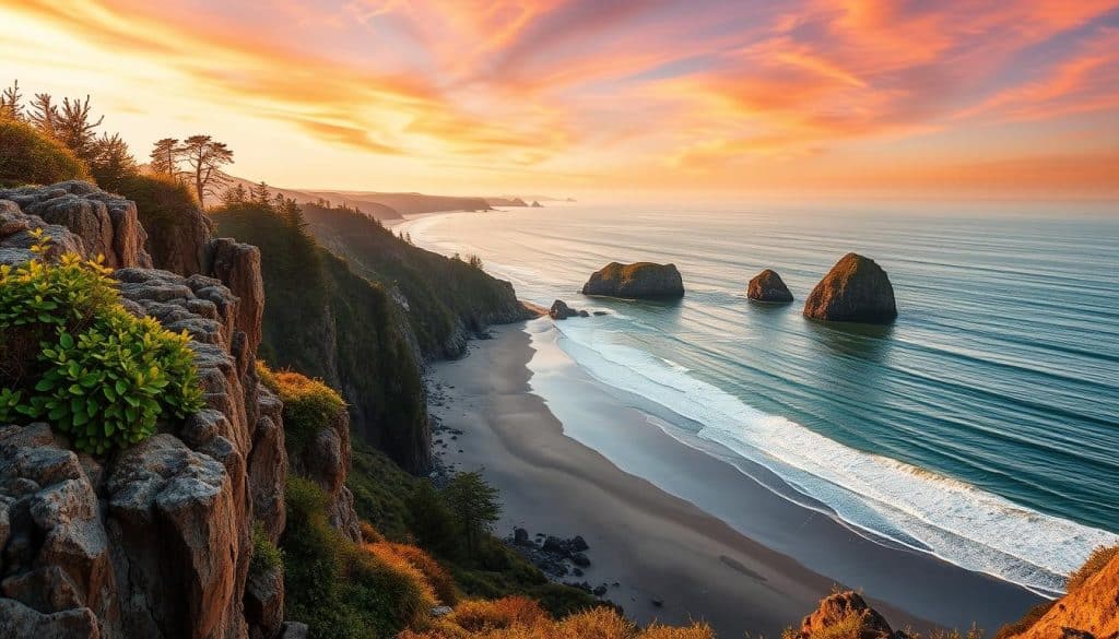 A sweeping panoramic view of the Oregon coast, captured in glorious detail. In the foreground, rugged cliffs and rocky outcroppings, their weathered surfaces glistening in the warm, golden light of the setting sun. Lush, verdant foliage clings to the slopes, adding pops of vibrant green to the scene. The middle ground reveals a pristine, crescent-shaped beach, its soft, sandy expanse meeting the gentle, lapping waves of the Pacific Ocean. In the distance, the horizon is dotted with islands and sea stacks, their silhouettes casting long shadows across the tranquil waters. The sky is a masterpiece of warm hues, with streaks of orange, pink, and purple painting the heavens. The entire scene exudes a sense of serene, coastal magic, capturing the essence of the Oregon coast's breathtaking natural beauty.