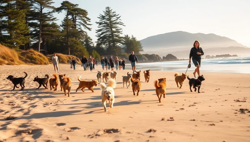 A tranquil autumn day at Manzanita Beach's annual "Muttzanita" dog festival. In the foreground, a pack of well-behaved pups frolics on the golden sand, their wagging tails catching the gentle sunlight. In the middle ground, owners stroll along the shoreline, smiling as they watch their beloved canine companions play. Towering pines and the distant Neahkahnie Mountain create a serene backdrop, the ocean waves lapping peacefully at the shore. The atmosphere is one of pure relaxation, with a soft, warm glow enveloping the scene. A wide-angle lens captures the serene, picturesque setting, inviting the viewer to imagine themselves immersed in this dog-friendly oasis on the Oregon coast.