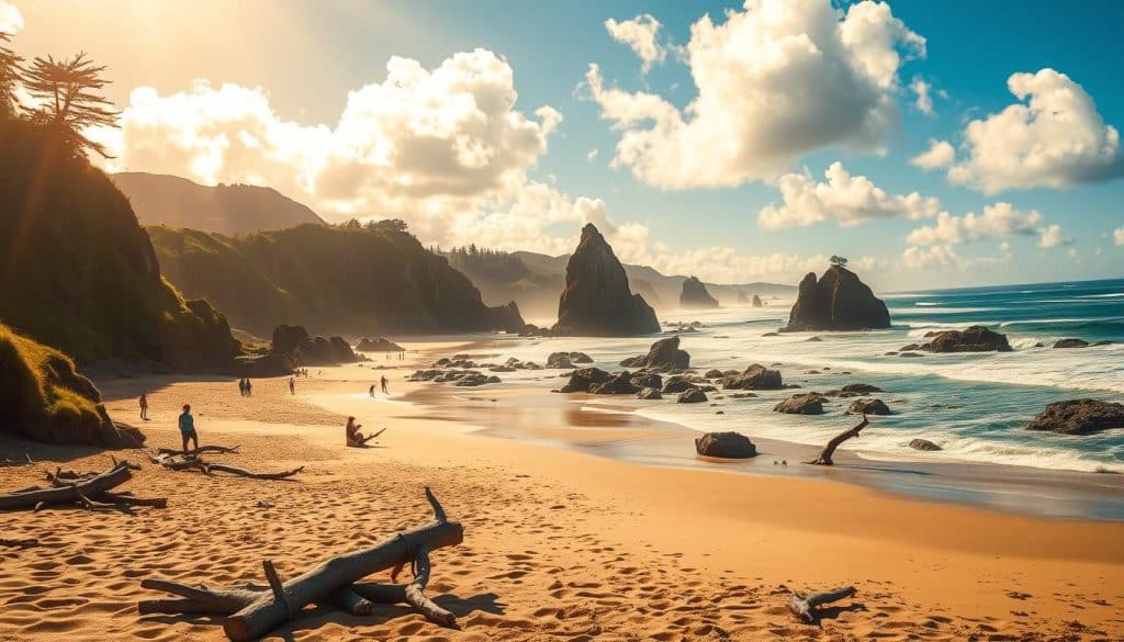 A vibrant summer scene along the rugged Oregon coast. In the foreground, sun-drenched sandy beaches dotted with driftwood and beachgoers enjoying the warm weather. In the middle ground, lush green cliffs and towering basalt sea stacks rise dramatically from the crashing waves. The background features a clear blue sky with fluffy white clouds, illuminated by warm, golden afternoon sunlight filtering through. The entire landscape is bathed in a serene, coastal atmosphere, capturing the essence of an Oregon summer along the Pacific.
