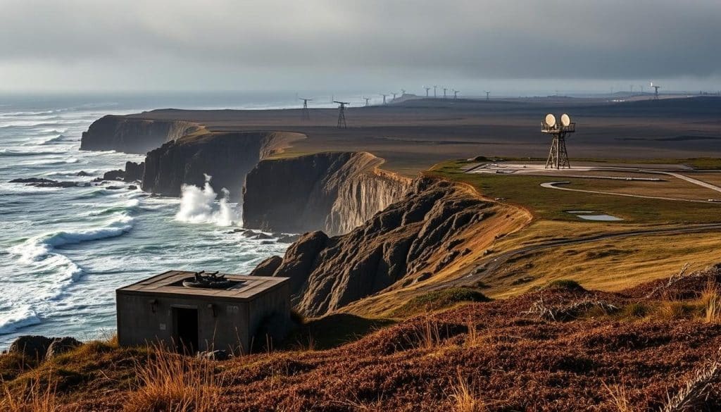 A windswept coastline, rugged cliffs and crashing waves set the scene for the strategic significance of the Oregon Coast during WWII. In the foreground, a concrete bunker stands vigilant, its observation post scanning the horizon. Midground, anti-aircraft guns are poised, ready to defend against potential aerial threats. In the distance, a network of radar stations and lookout towers dot the landscape, forming a coastal defense network. The lighting is moody, with dramatic shadows and highlights accentuating the military architecture. The scene is captured with a wide-angle lens, conveying the scale and grandeur of this WWII defensive landscape against the backdrop of the Pacific Northwest's majestic natural beauty.