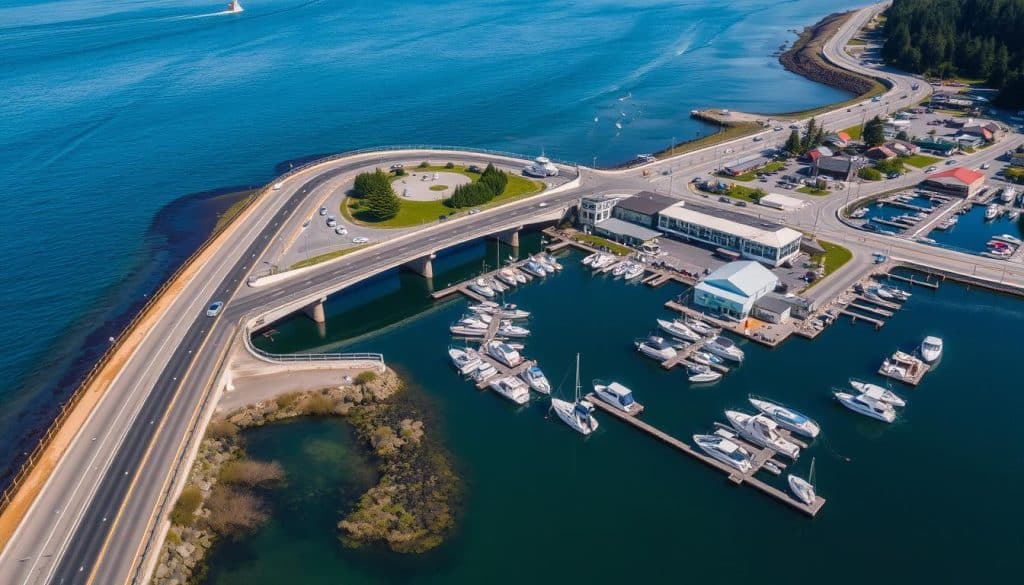 Aerial view of Depoe Bay harbor and surrounding attractions near the OPRD Whale Watching Center