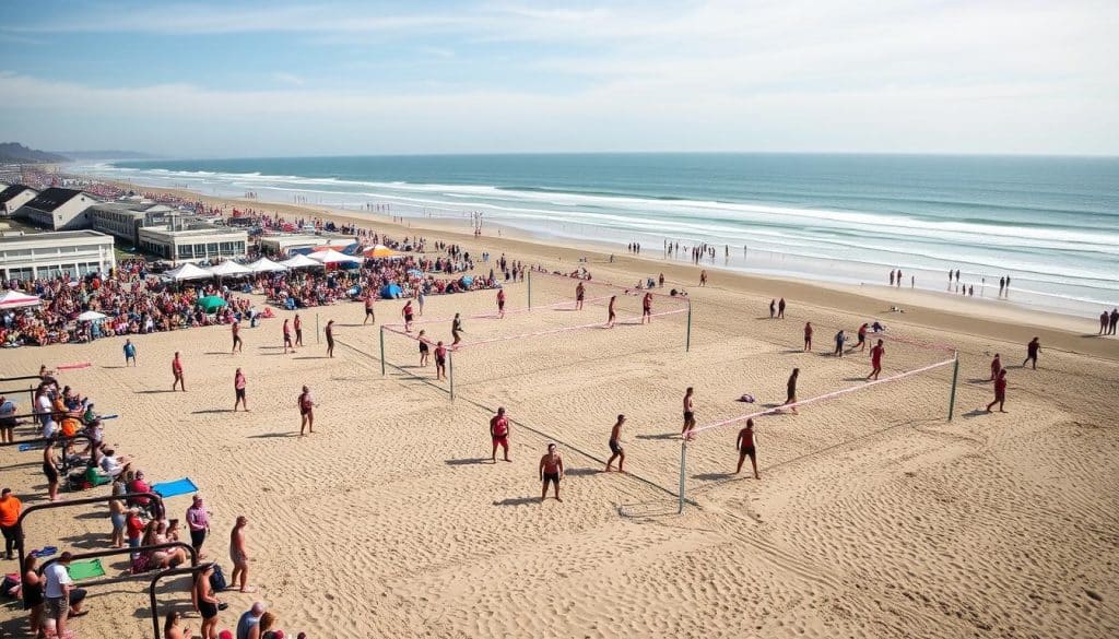 Beach volleyball tournament in Seaside with many courts and players