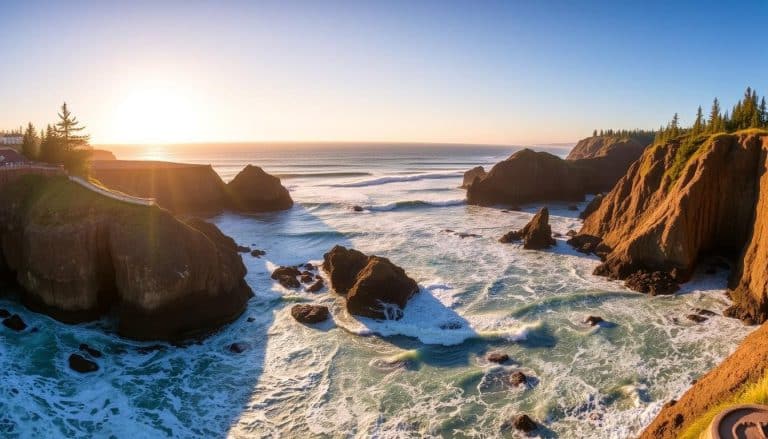 Breathtaking view of Depoe Bay coastline with waves crashing against rocky shores near the OPRD Whale Watching Center