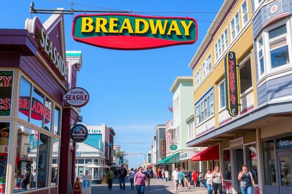 Broadway Street in downtown Seaside with shops and visitors