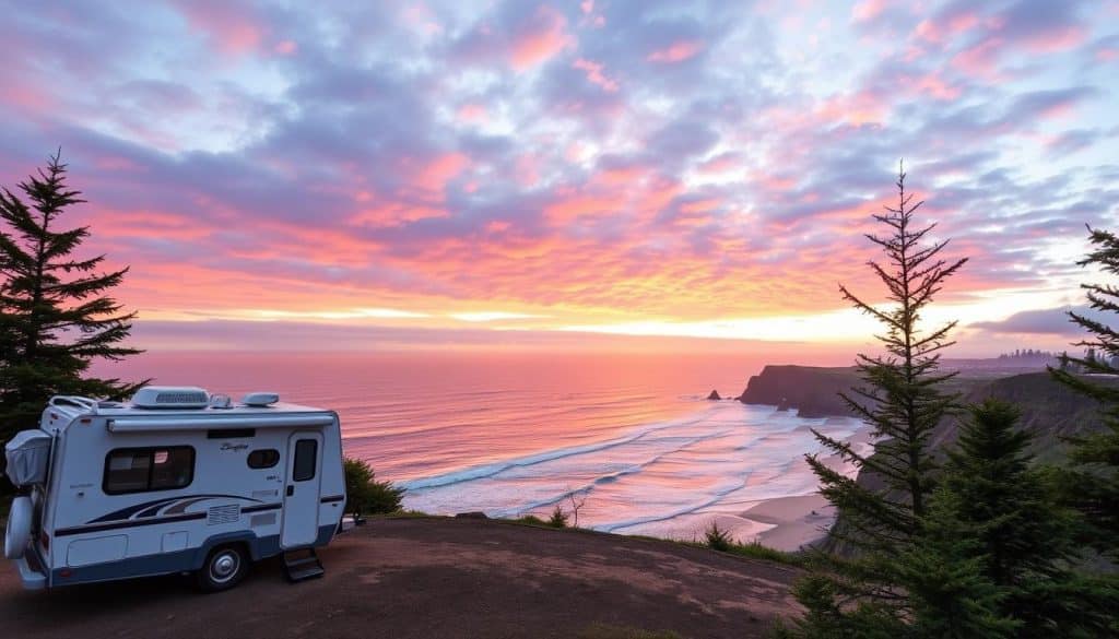 Campervan parked at scenic viewpoint during Oregon Coast road trip