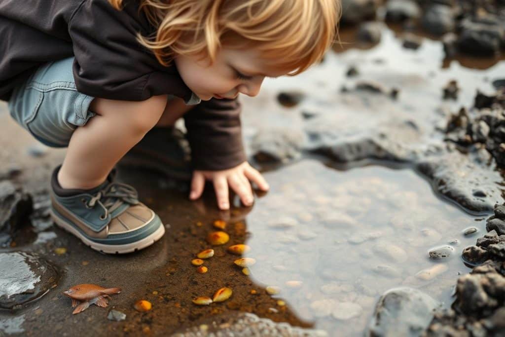 Child carefully observing tide pool life during Oregon tide pool exploration