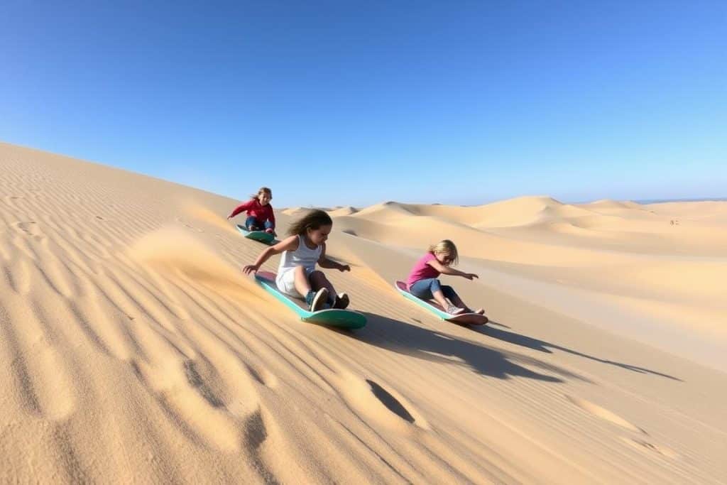 Children sandboarding on the Oregon Dunes near Florence