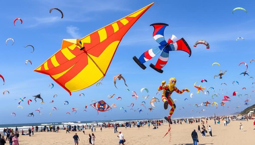Colorful kites flying at the Lincoln City Kite Festival on the Oregon Coast