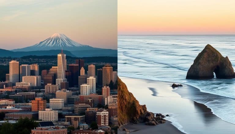 Contrast between Portland's urban greenery and the Oregon coast's rugged beauty showing how far Portland Oregon is from the ocean