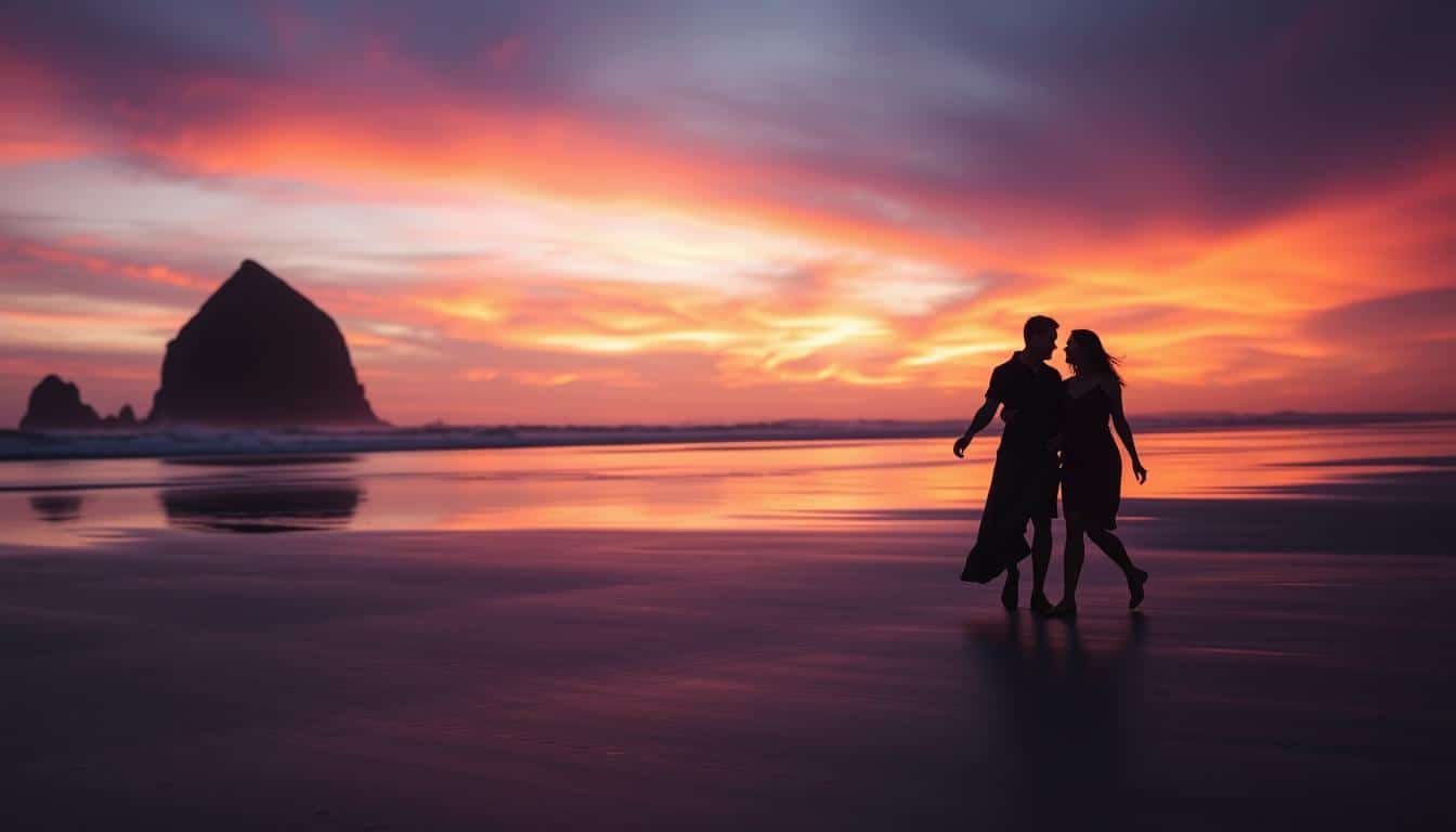 Couple walking on Cannon Beach at sunset with dramatic sky and reflections on wet sand