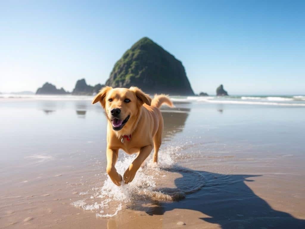 Dog playing on Cannon Beach Oregon with Haystack Rock in background