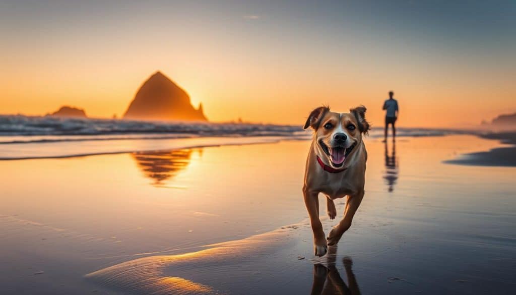 Dog playing on a pet-friendly Oregon Coast beach at sunset