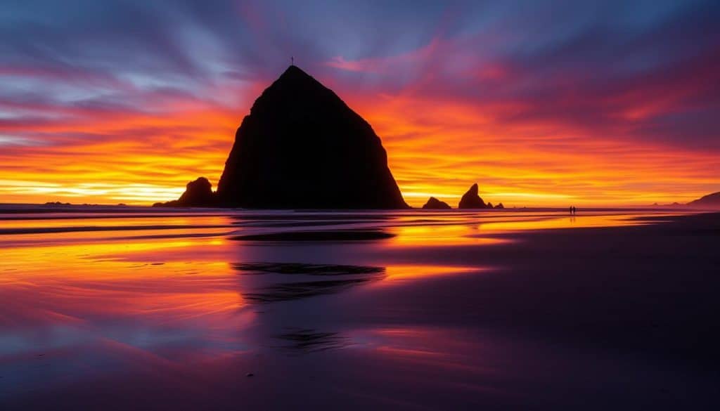 Dramatic sunset over Haystack Rock at Cannon Beach Oregon with silhouettes