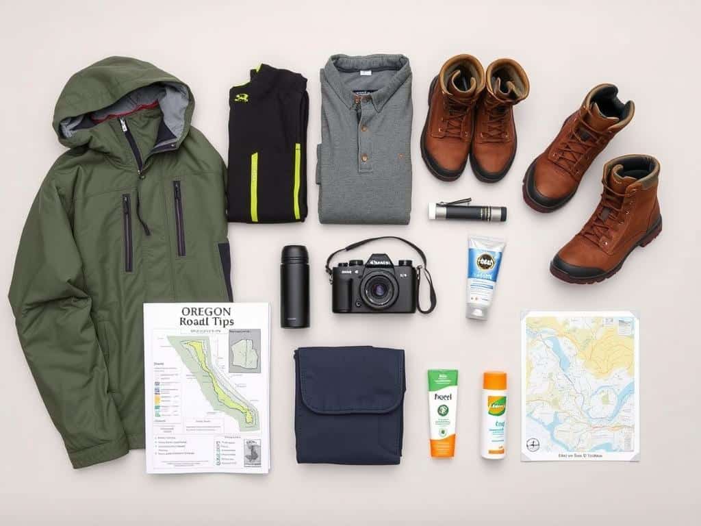 Essential gear laid out for an Oregon Coast road trip