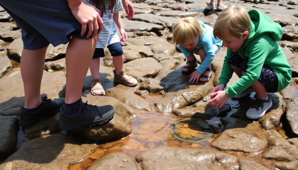 Family carefully exploring tide pools with proper technique during Oregon tide pool exploration