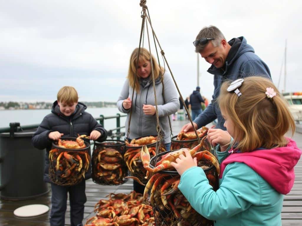 Family crabbing from Newport pier on the Oregon Coast