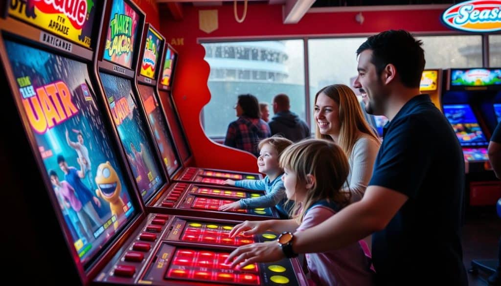 Family enjoying indoor activities at Seaside Arcade on rainy day on the Oregon Coast