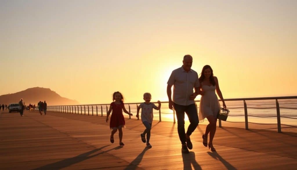 Family enjoying sunset on Seaside Promenade with Tillamook Head in background
