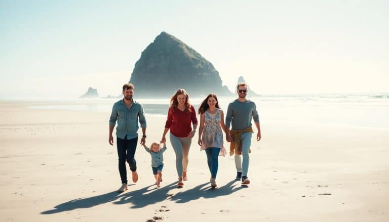 Family walking along Oregon Coast beach with Haystack Rock in background