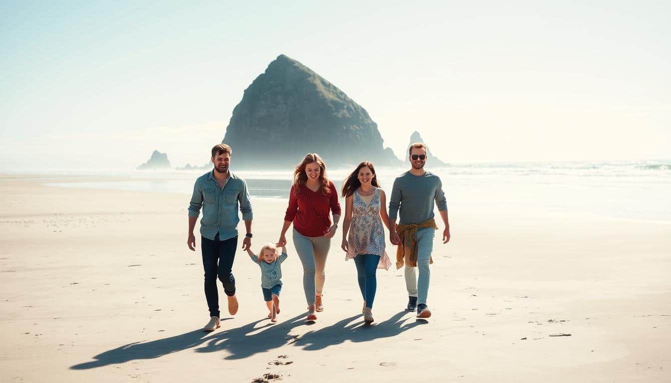 Family walking along Oregon Coast beach with Haystack Rock in background