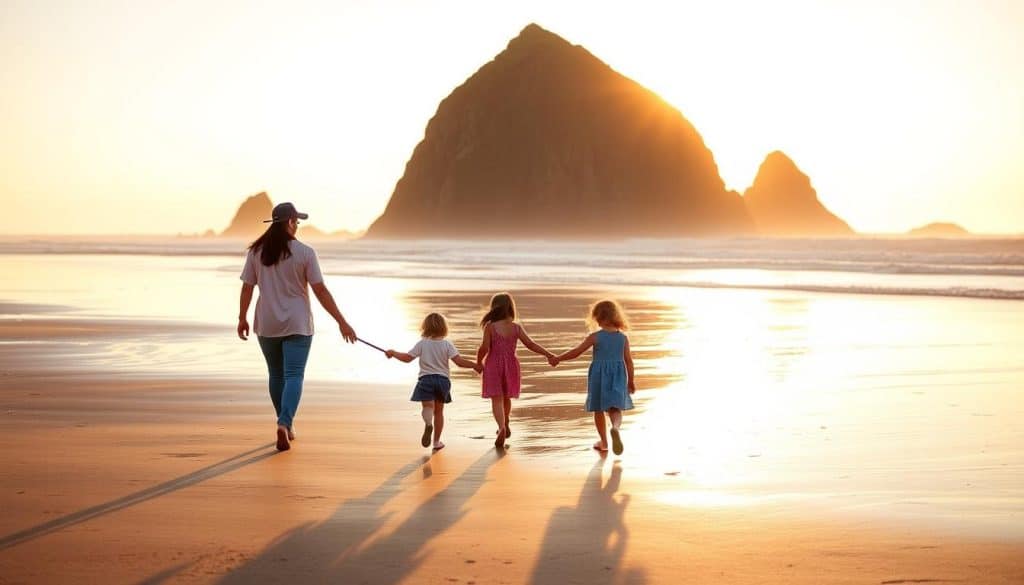 Family walking on Cannon Beach Oregon at sunset near Haystack Rock