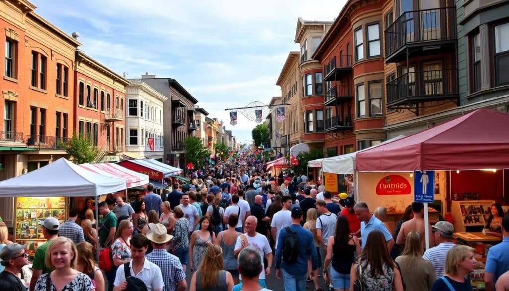 Festival celebration in downtown Astoria Oregon with crowds enjoying local events