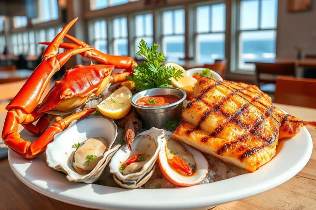 Fresh seafood platter at a Cannon Beach Oregon restaurant with ocean view