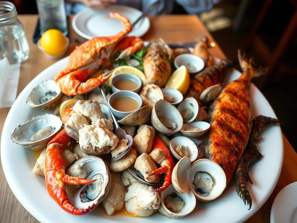 Fresh seafood platter at a coastal restaurant during Oregon Coast road trip