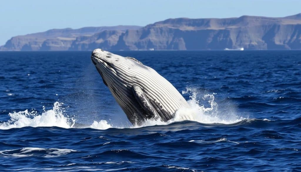 Gray whale breaching near the OPRD Whale Watching Center with Depoe Bay coastline in background