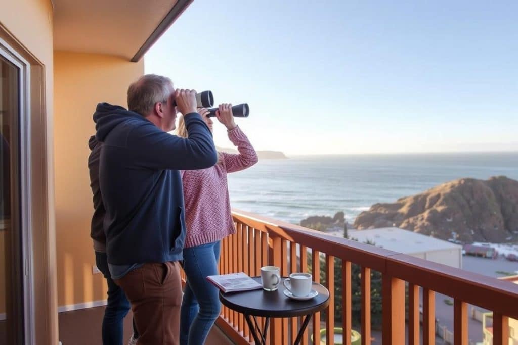 Guests enjoying complimentary binoculars and whale watching guide on hotel balcony overlooking OPRD Whale Watching Center
