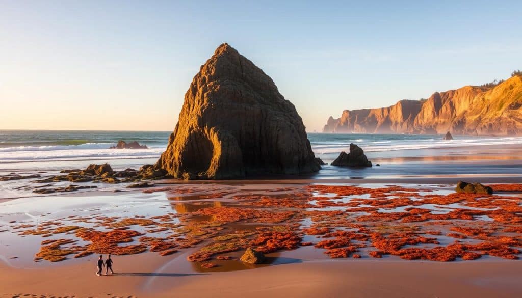 Haystack Rock, a majestic natural wonder standing tall against the crashing waves of the Pacific Ocean. A picturesque scene at Cannon Beach, Oregon, with the iconic rock formation rising from the sandy shore, its weathered surface textured by eons of erosion. The warm, golden light of the setting sun casts a soft glow, illuminating the intricate patterns of the rock and the surrounding tide pools teeming with vibrant marine life. In the foreground, beachgoers stroll along the shoreline, their silhouettes creating a sense of scale and adding to the serene, contemplative atmosphere. In the distance, the rugged cliffs of the Oregon coast stretch out, creating a dramatic, awe-inspiring backdrop to this iconic natural landmark.