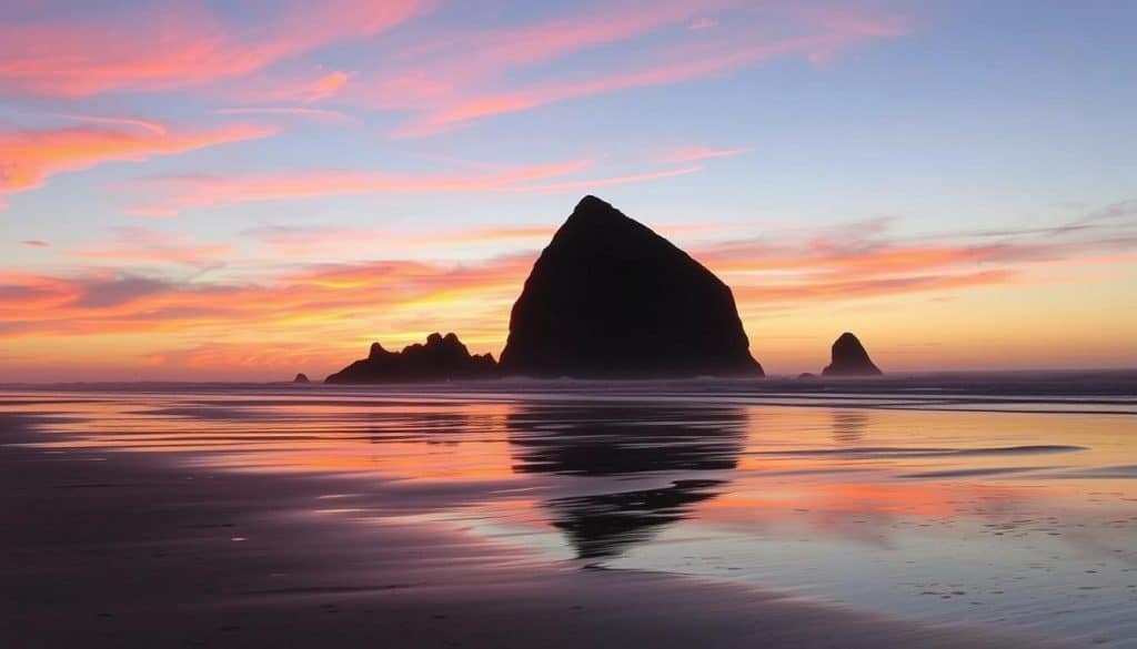 Haystack Rock at Cannon Beach near Astoria Oregon at sunset