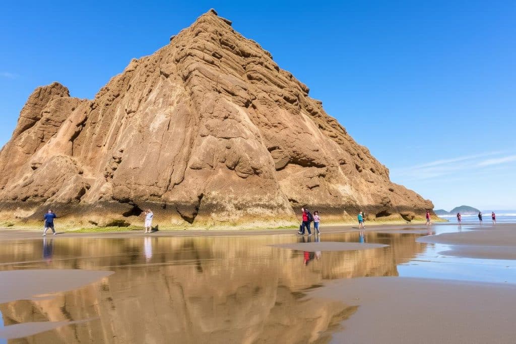 Haystack Rock at Cannon Beach with tide pools and visitors