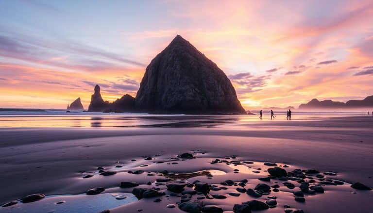 Haystack Rock at sunset with tide pools visible at Cannon Beach Oregon