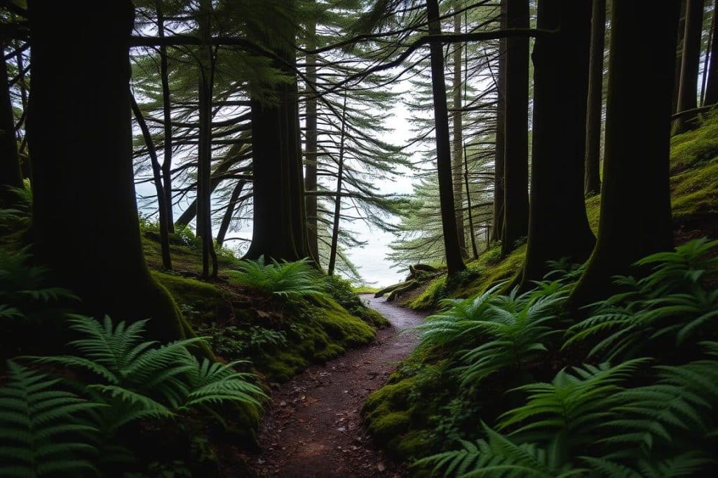 Hidden forest trail near Cannon Beach Oregon with coastal views