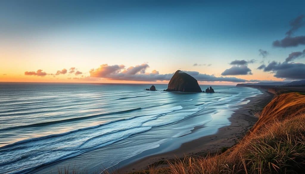 Hidden viewpoint of Cannon Beach Oregon coastline at sunset