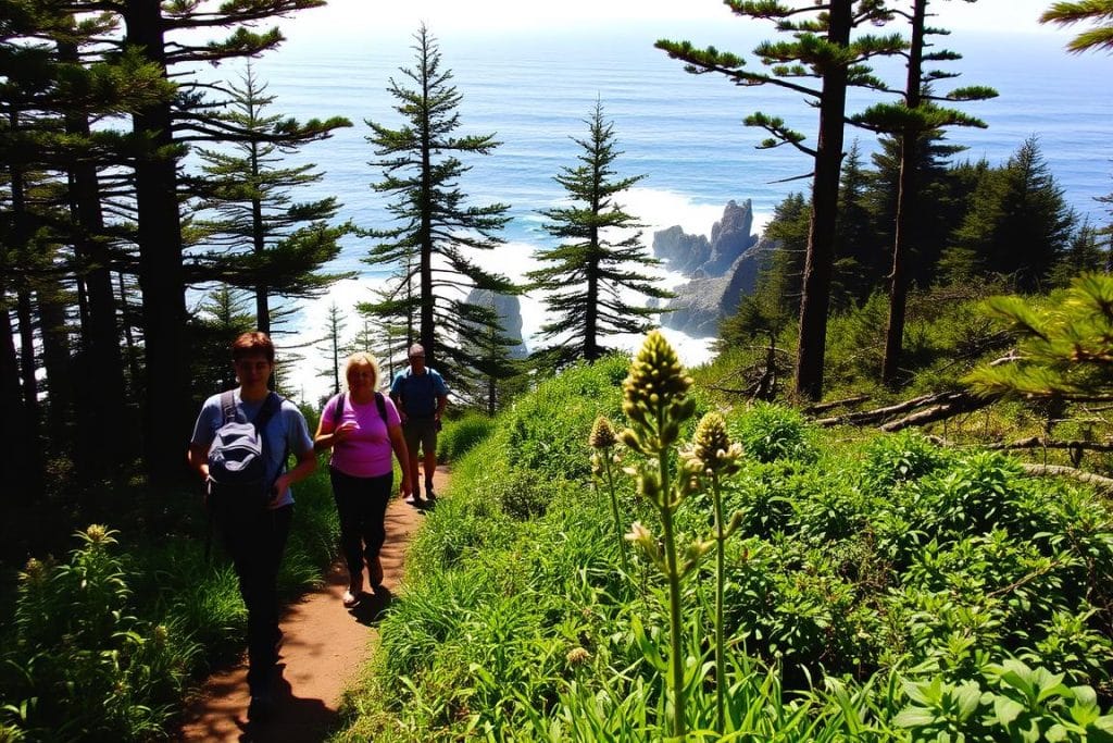 Hikers on the Cape Perpetua trail during Oregon Coast road trip
