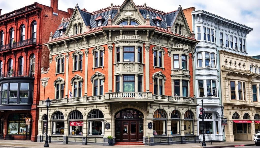 Historic hotel in downtown Astoria Oregon with Victorian architecture