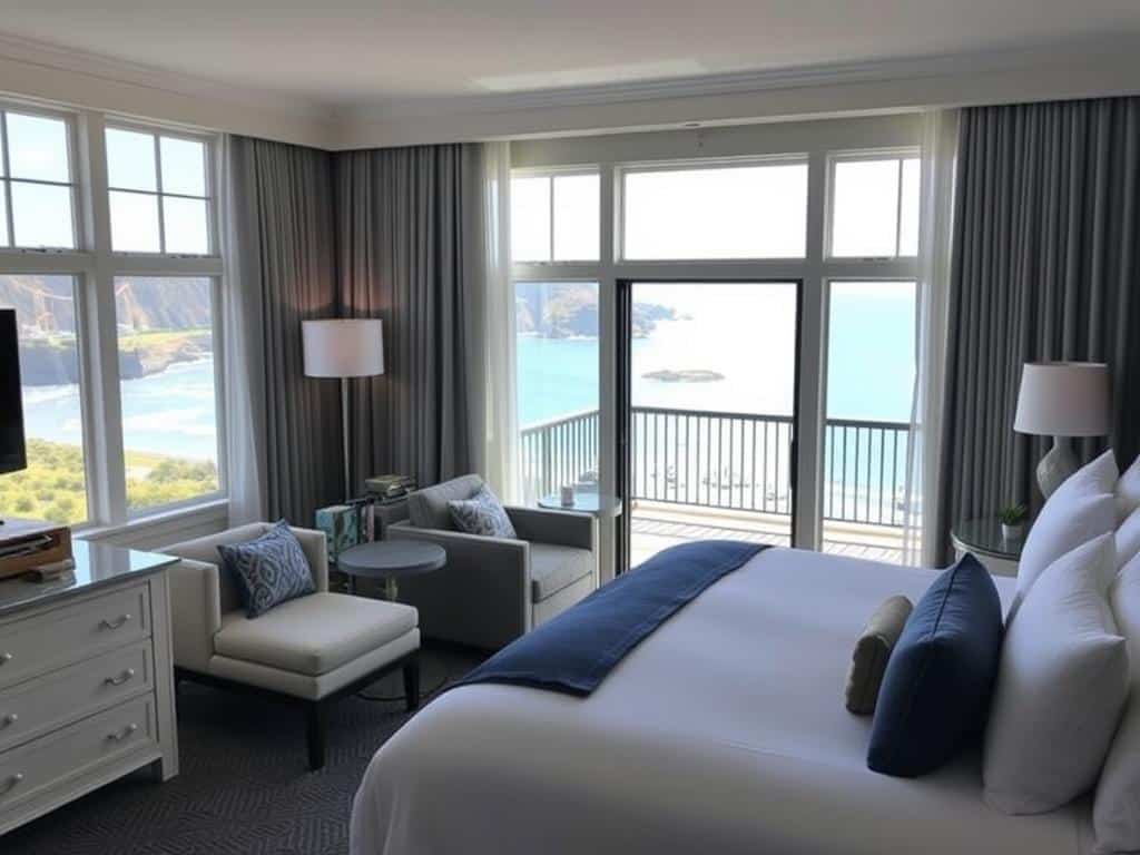Luxurious ocean-view hotel room with private balcony overlooking the OPRD Whale Watching Center and Depoe Bay