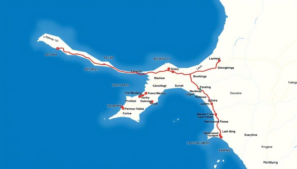 Map showing the full Oregon Coast road trip route from Astoria to Brookings