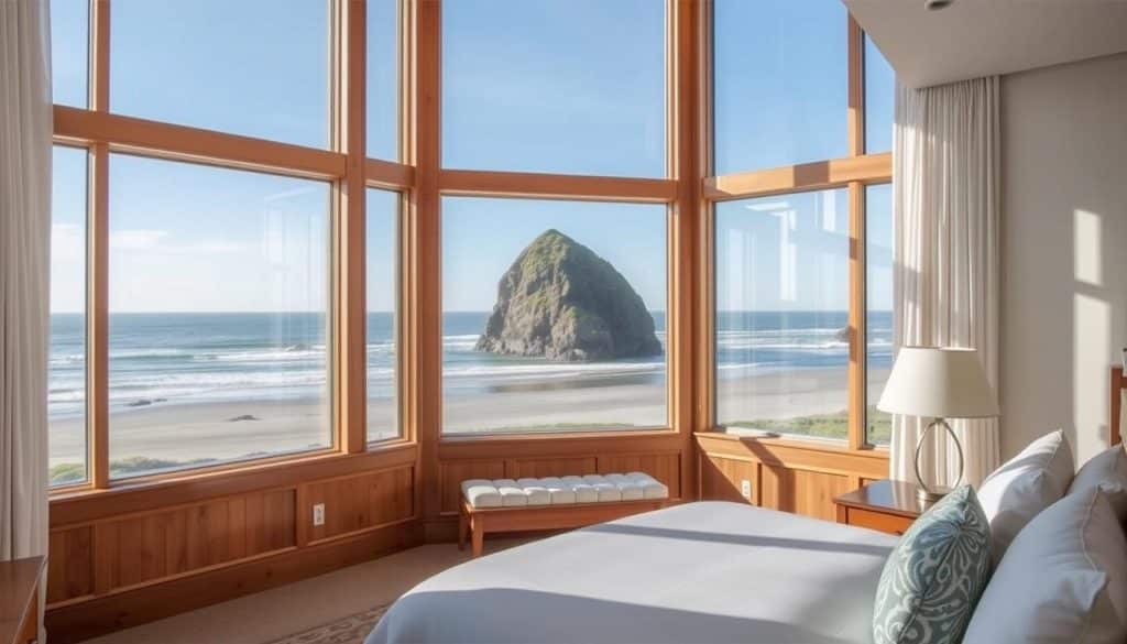 Oceanfront hotel room view of Haystack Rock at Cannon Beach Oregon