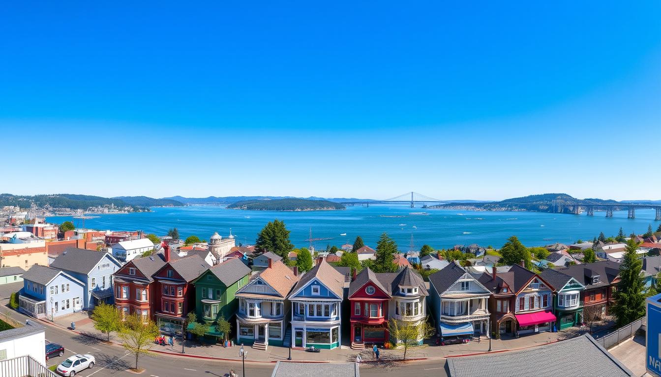 Panoramic view of Astoria Oregon with the Columbia River and historic downtown