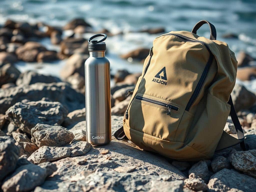 Reusable water bottle and eco-friendly backpack for Oregon tide pool exploration