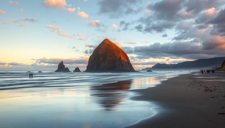 Scenic view of Cannon Beach with Haystack Rock at sunset on the Oregon Coast