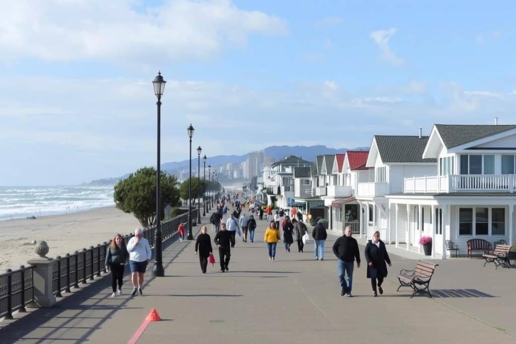 Seaside Promenade with people walking along the oceanfront path