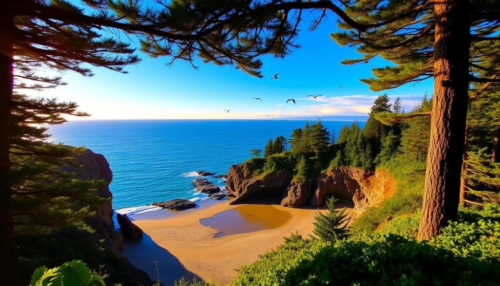 Sunset Bay State Park, Oregon Coast: a breathtaking natural oasis. A tranquil cove with a crescent-shaped sandy beach, framed by rugged cliffs and lush, verdant foliage. Warm golden light filters through swaying pines, casting a soft glow over the scene. In the distance, the Pacific Ocean's endless blue horizon meets the vibrant orange and pink hues of a spectacular sunset. Seabirds soar overhead, their cries adding to the serene ambiance. A sense of peaceful solitude pervades the campground, inviting visitors to immerse themselves in the beauty of this coastal gem.